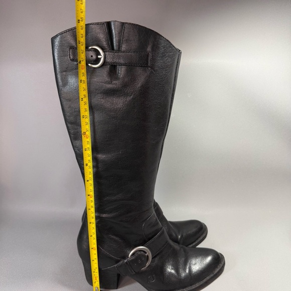 Born Shaylee Black Leather Tall Buckle Heeled Knee-High Boots - Picture 14 of 16
